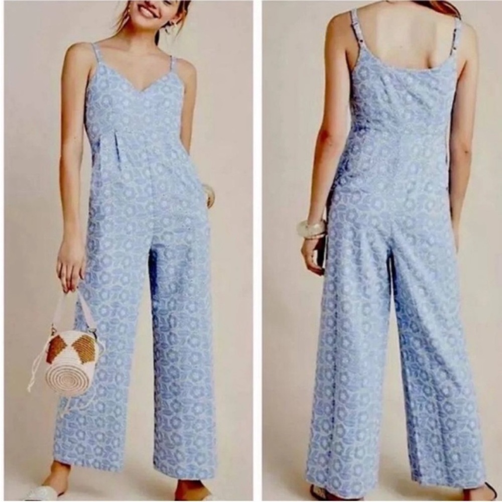 Anthro LAIA Light Blue White Cotton Floral Eyelet Sleeveless Jumpsuit